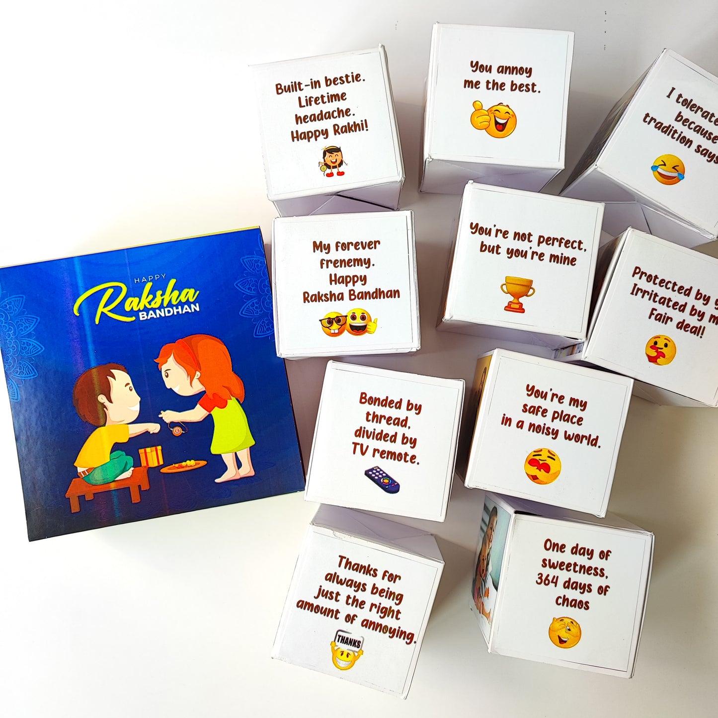 Rakhi Surprise Gift with 10 Jumping Cubes (With 40 Sibling Quotes)
