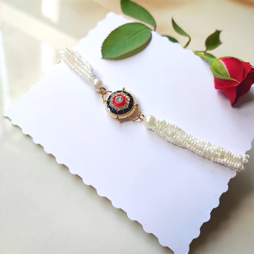 Red Blue Kundan Moti - Bracelet Style Rakhi