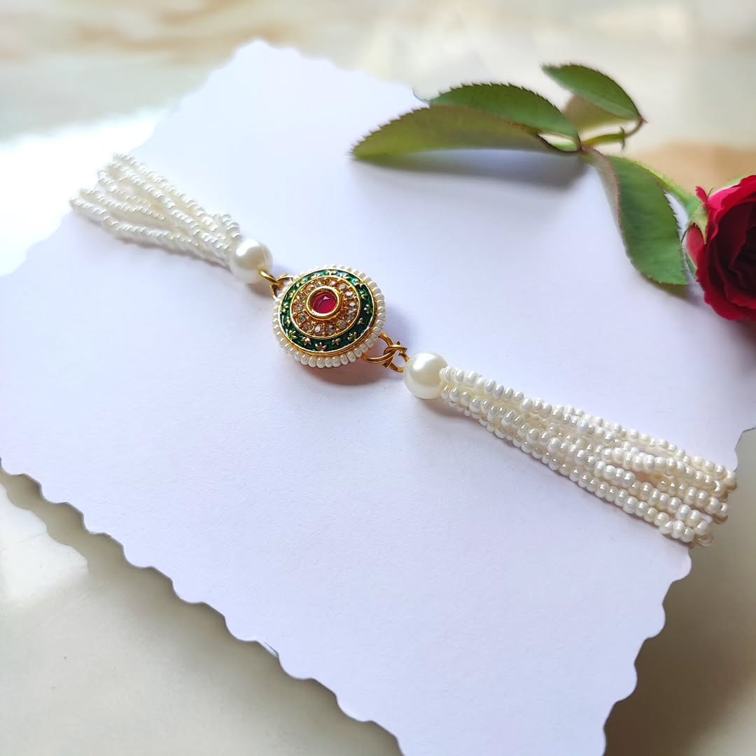 Green Golden Red Kundan Moti - Bracelet Style Rakhi