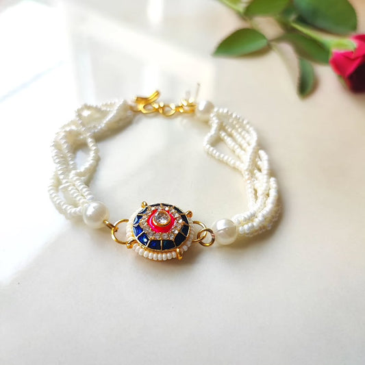 Red Blue Kundan Moti - Bracelet Style Rakhi