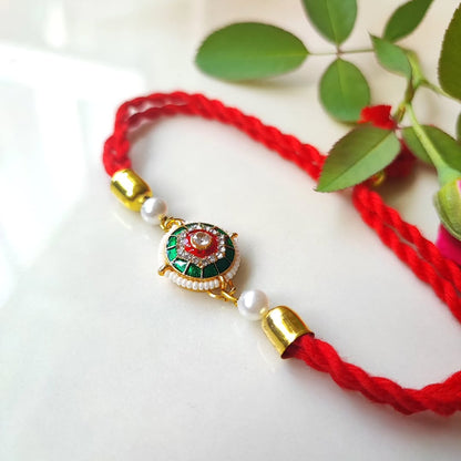 Green Silver Red Kundan Moti Sutra - Bracelet Style Rakhi