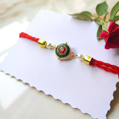 Green Silver Red Kundan Moti Sutra - Bracelet Style Rakhi