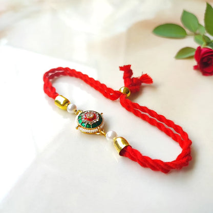 Green Silver Red Kundan Moti Sutra - Bracelet Style Rakhi