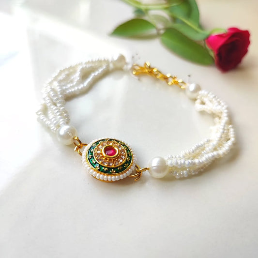 Green Golden Red Kundan Moti - Bracelet Style Rakhi